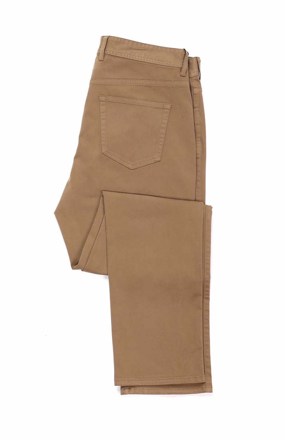 Picture of folded khaki 5 Pocket pants from New Found Thread.  The most comfortable mens pants with patented microfiber tech pockets.